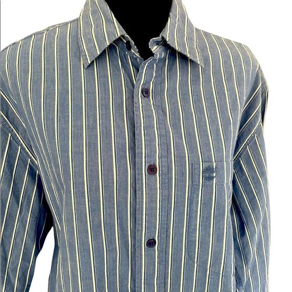 Timberland blue/white striped button down shirt with gingham accents inside sz M - Picture 2 of 6